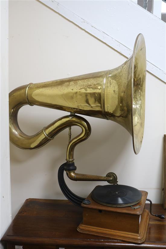A gramophone with brass horn